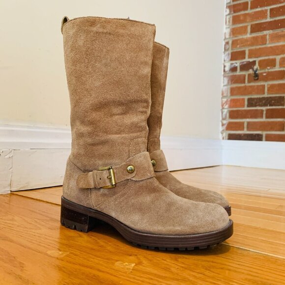 Ralph Lauren Motorcycle Boots Mid Calf Tan Suede Pull On Lug Soles - Picture 12 of 16